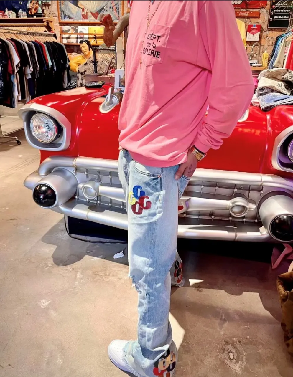 640#Gallery Dept New Style Spliced ​​Leather Label Leather Seal Water Ripple Washed Blue Destroyed Splicing Micro-Boot Jeans American High Street Flared Trousers Washed Blue S~XL p290